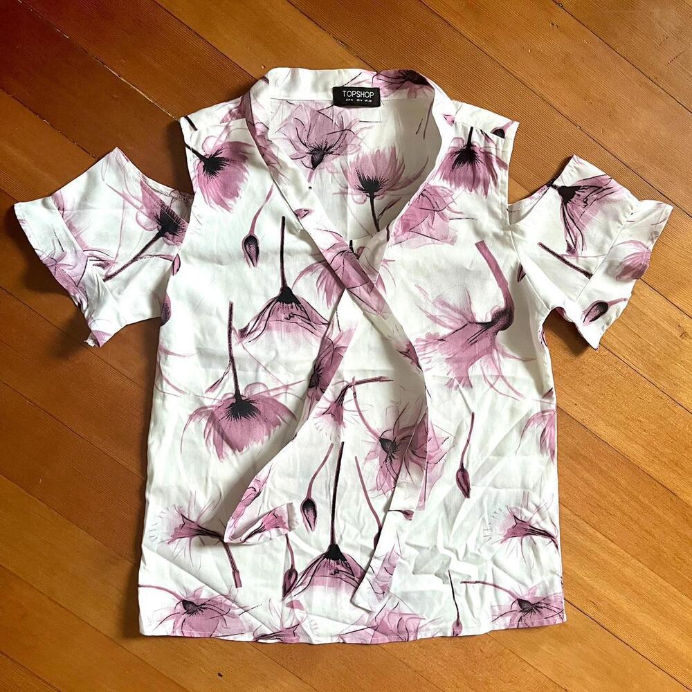 Topshop Vintage Y2K White w/ Purple Floral Tie & Cut-Out Shoulder Top, Size M